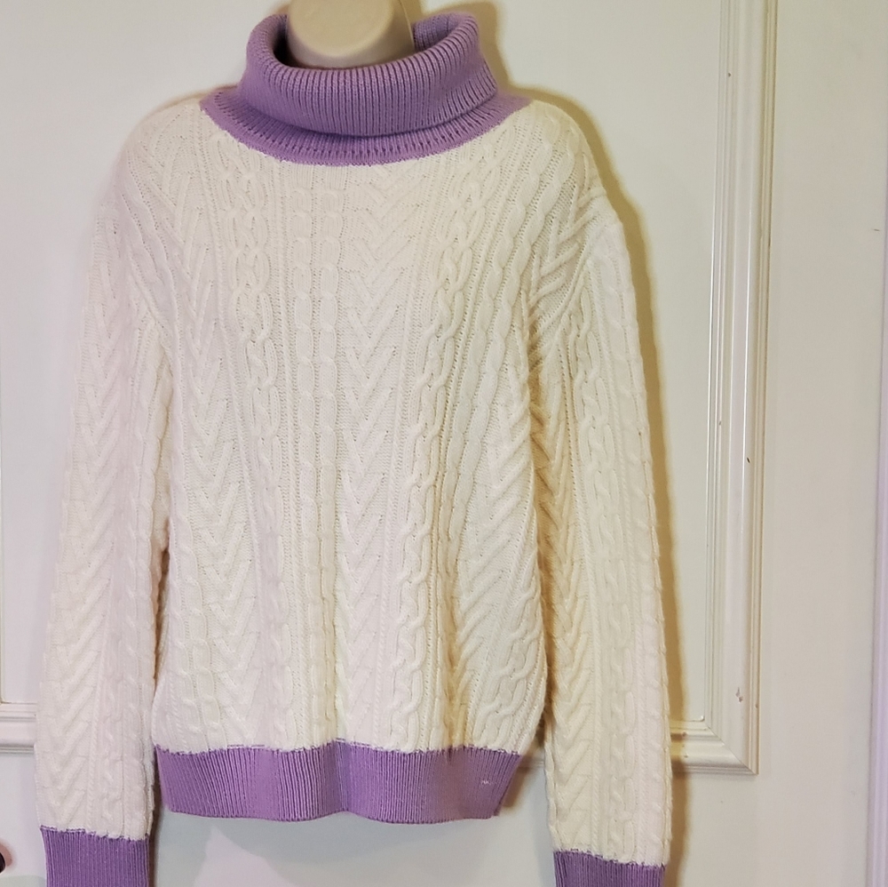 Tularosa Chunky Cream & Lavender Cable Knit Turtleneck Sweater, Size X-Large - Picture 3 of 15